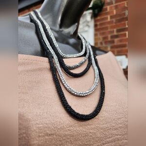Elegant 5 Strand Black and Silver Layered Necklace